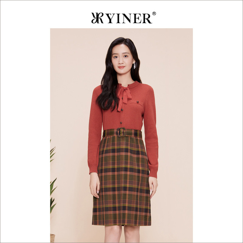 【中国红】YINER音儿专选春季复古格纹羊毛飘带拼接针织连衣裙