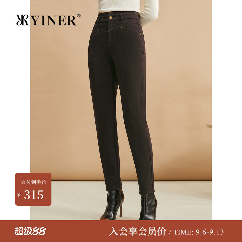 YINER音儿女装冬季时尚亲肤棉锥形长裤高腰百搭小脚牛仔裤黑色裤
