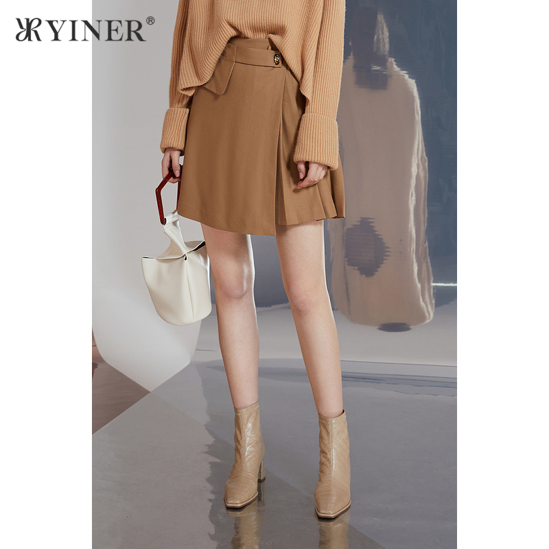 YINER音儿女装冬季法式优雅皱褶拼接A字半身短裙