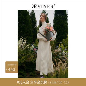 YINER音儿女装冬季绵羊毛拼接针织假两件白色连衣裙