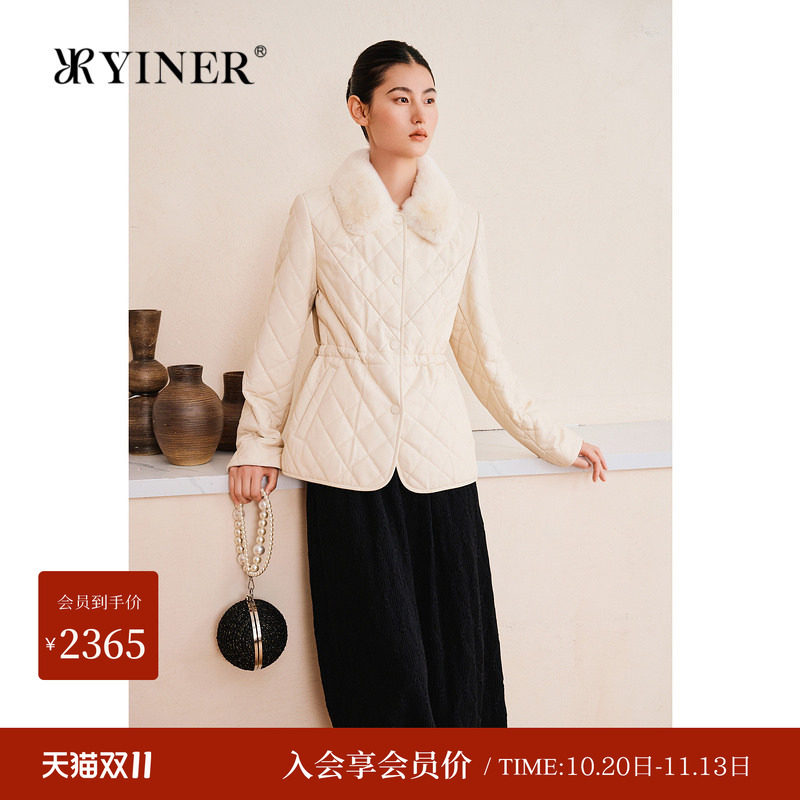 YINER音儿专选春季新款獭兔毛领羊皮真皮皮衣骆驼毛绒棉服外套女