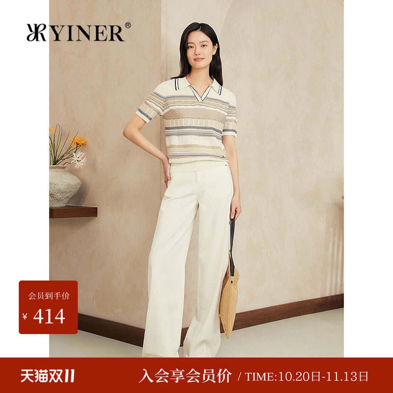 【醋酸系列】YINER音儿夏季新款复古翻领撞色条纹毛针织衫