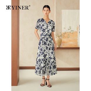 新款 YINER音儿专选2025夏季 印花半开领桑蚕丝连衣裙 周末花园