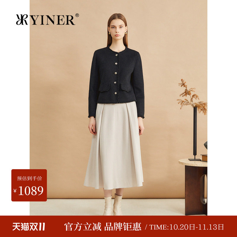 YINER音儿专选女装冬季时尚小香风短款毛边羊毛混纺双面呢外套女