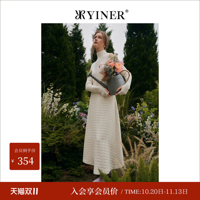 YINER音儿女装冬季绵羊毛拼接针织假两件白色连衣裙