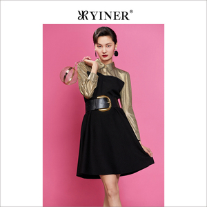 YINER音儿女装春季羊毛长袖撞色设计亮丝衬衫连衣裙