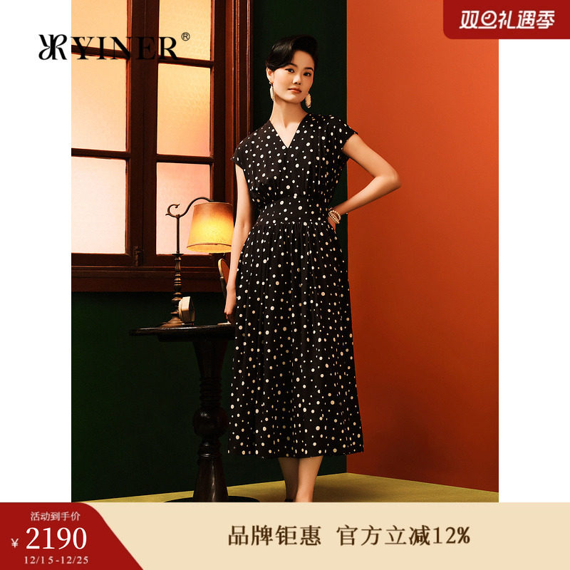 【1996系列】YINER音儿夏季弹力建宏绉真丝点印花连衣裙