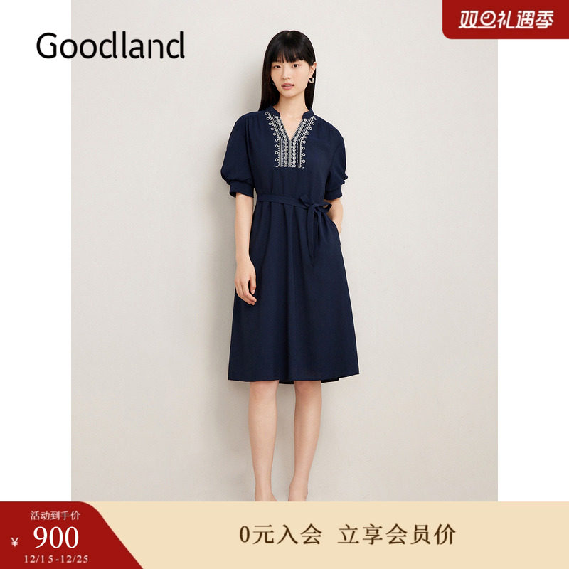 Goodland美地女装秋季法式绣花半开领泡泡袖系带收腰连衣裙
