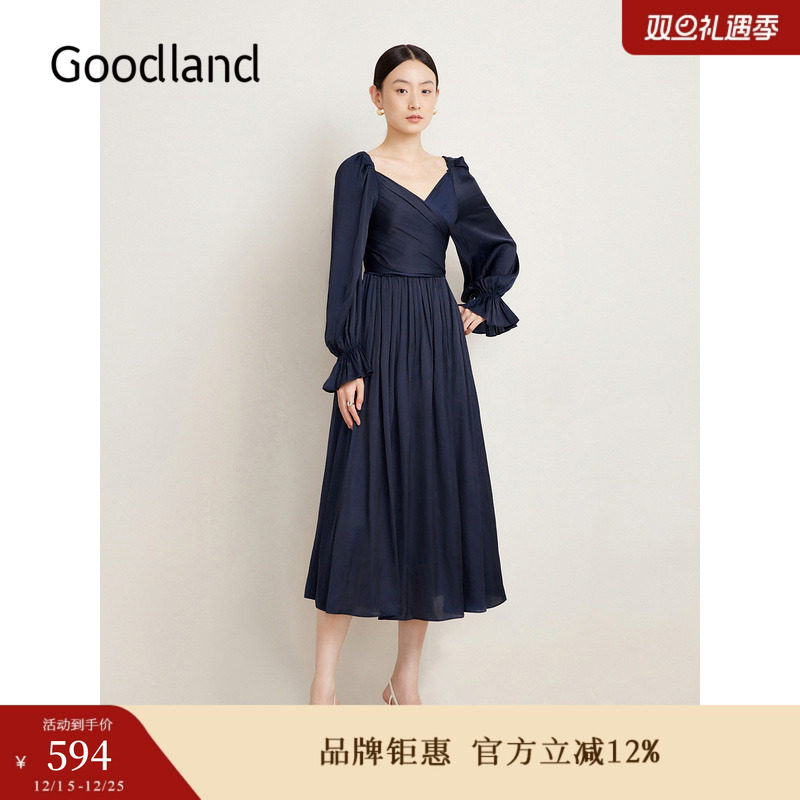 Goodland美地女装春季法式优雅复古交叠收腰A字连衣裙