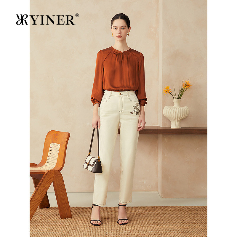 YINER音儿春季新款轻薄丝滑海岛丝缎感衬衫法式柔软轻上衣
