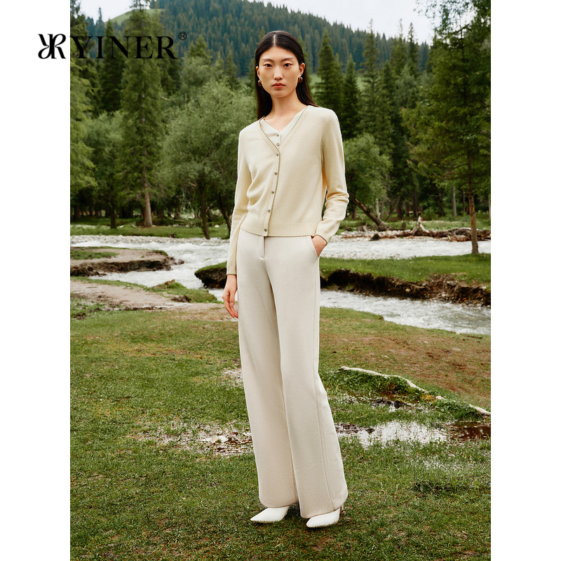 【绵羊毛+山羊绒】YINER音儿女装冬季时尚双层V领上衣毛针织衫