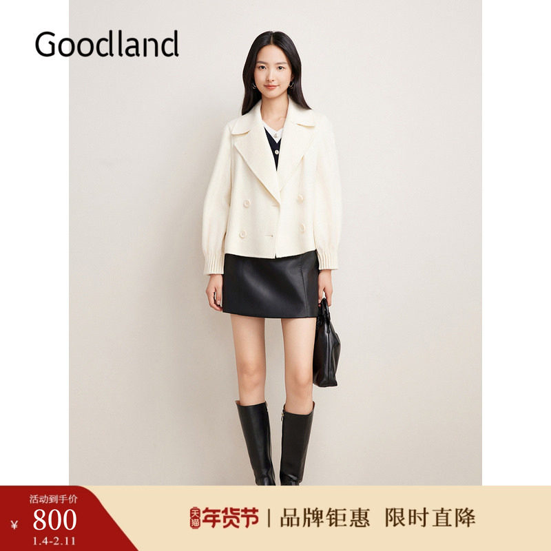 【云感真丝羊毛】Goodland美地女装冬季时尚双排扣驳领短外套,女装/女士精品,短外套,淘宝优惠券,粉丝福利购,淘宝优惠卷