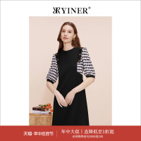 YINER音儿专选女装夏弹力复古饰扣圆领撞色连衣裙