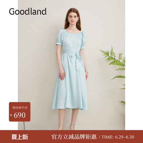 Goodland美地夏季亮丝斜纹法式收腰缎感泡泡袖连衣裙