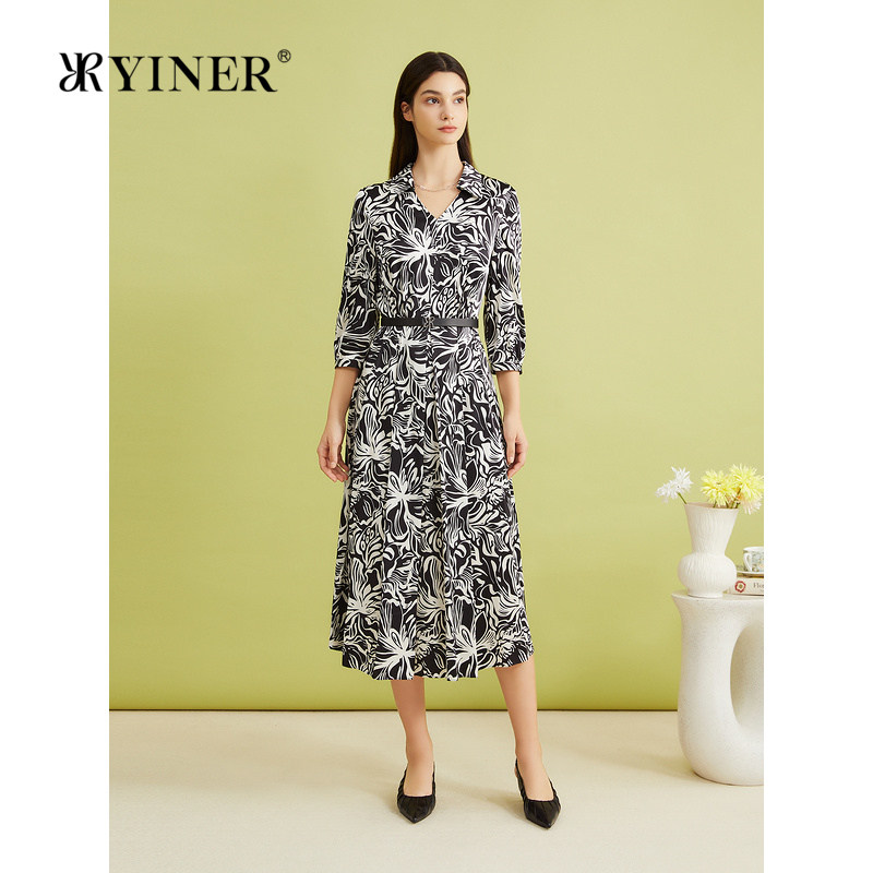 【真丝系列】YINER音儿夏季桑蚕丝海鸥领黑白印花连衣裙