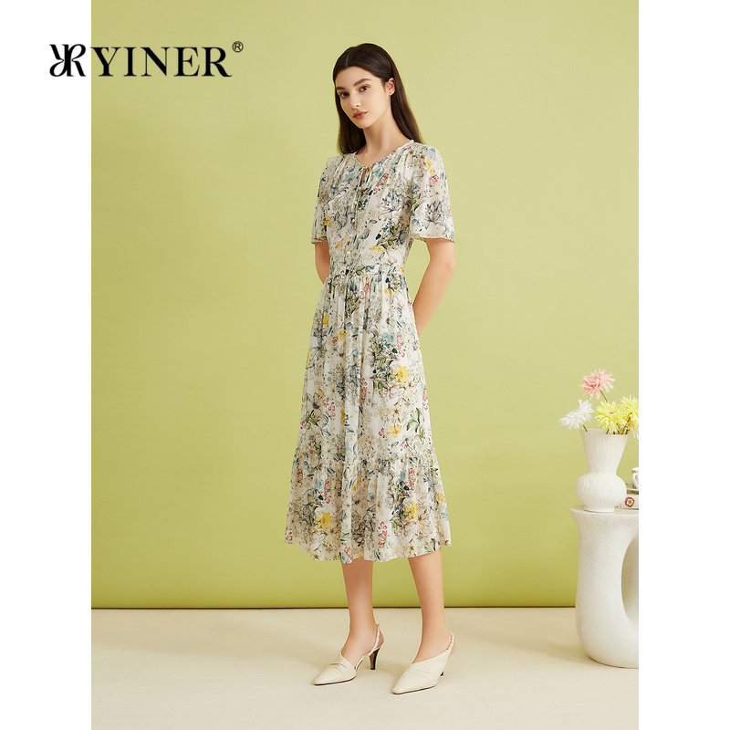 【真丝系列】YINER音儿女装夏季桑蚕丝修身诗意碎花连衣裙