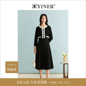 YINER音儿冬季女装法式优雅撞色羊毛混纺收腰小黑裙连衣裙