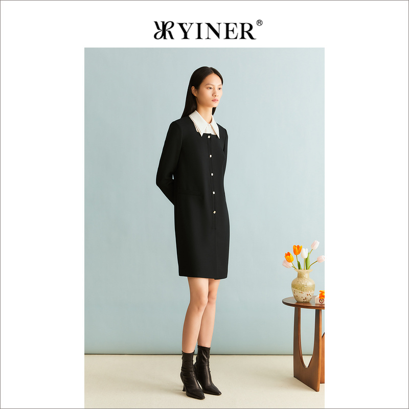 YINER音儿女装冬季法式优雅含绵羊毛撞色双层翻领连衣裙