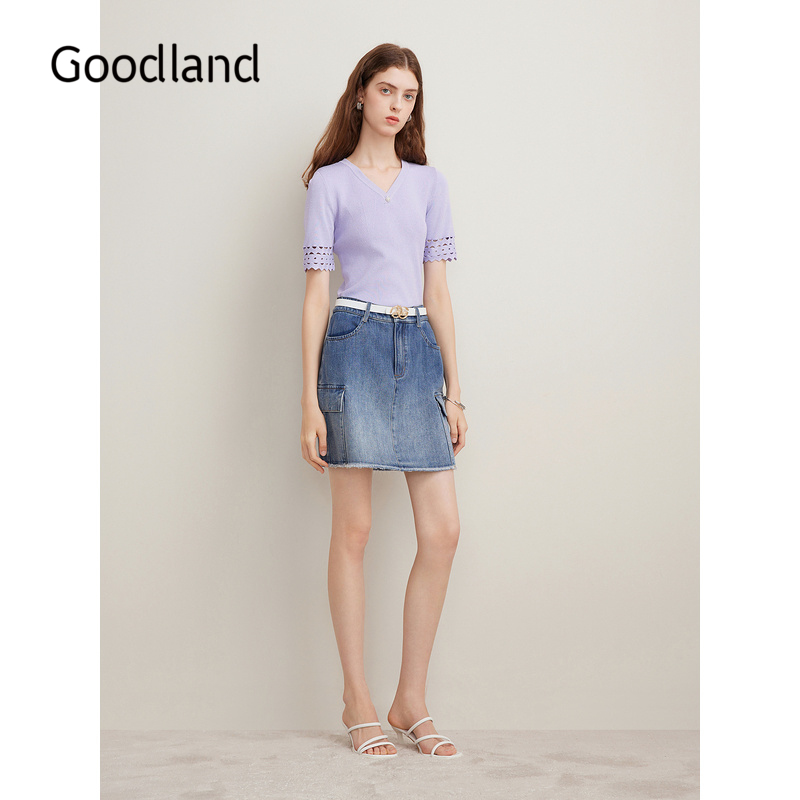 Goodland美地夏季法式优雅V领镂空袖毛针织衫烟灰紫上衣