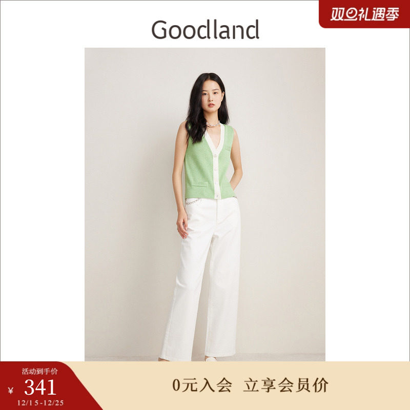 Goodland美地春季法式优雅简约无袖羊毛V领针织开衫
