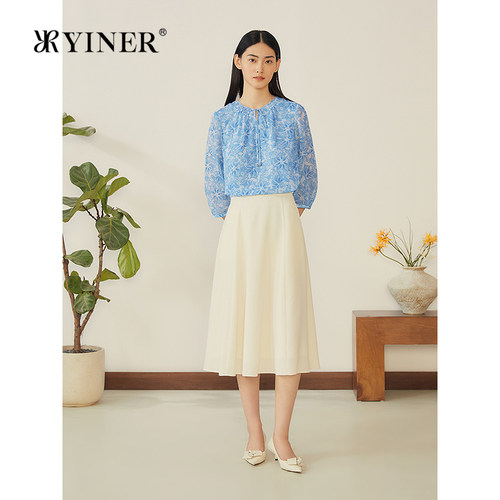 YINER音儿专选夏季新款法式方格雪纺纱印花衬衫知性轻上衣
