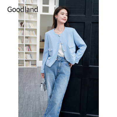Goodland美地秋季彩点纱铃蓝小香风肌理感短外套
