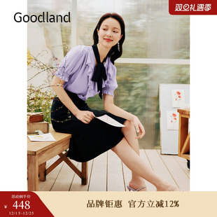 雪纺上衣 浪漫荷叶领衬衫 Goodland美地夏季 法式