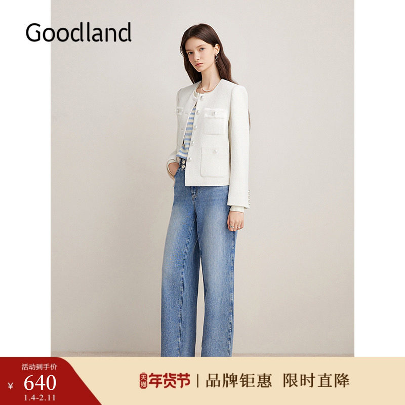 【名媛小香风】Goodland美地女装冬季时尚羊毛花纱休闲短外套