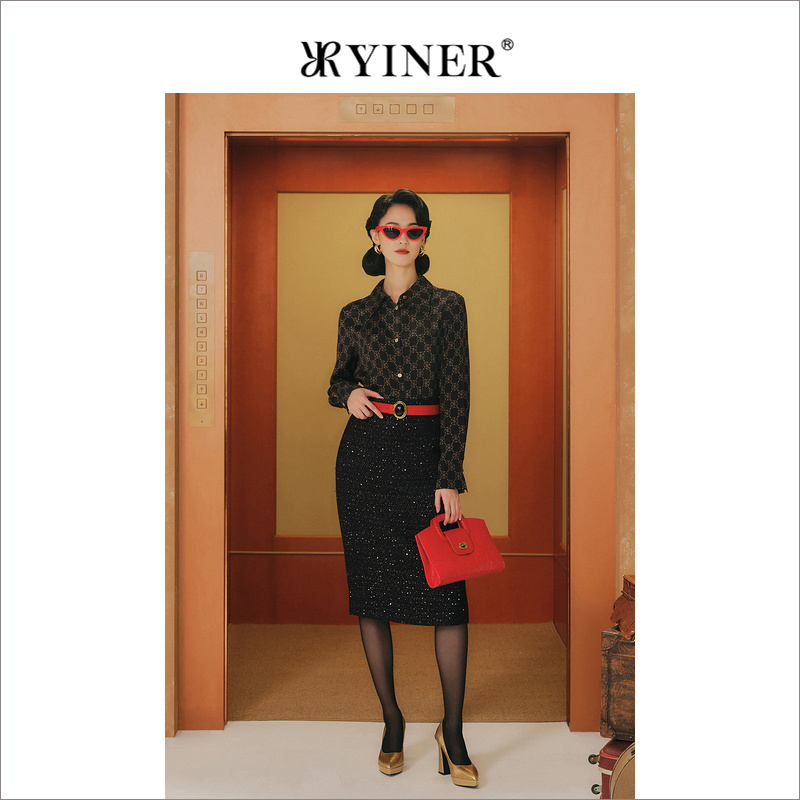 【1996系列】YINER音儿女装冬季真丝上衣桑蚕丝满印logo衬衫