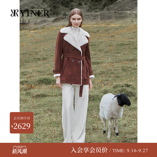 YINER音儿冬季法式复古翻毛领特种小羊皮中长款外套