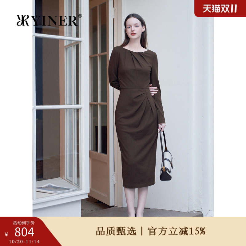 【美丽诺羊毛】YINER音儿女装冬季时尚佩普洛斯收褶一字领连衣裙