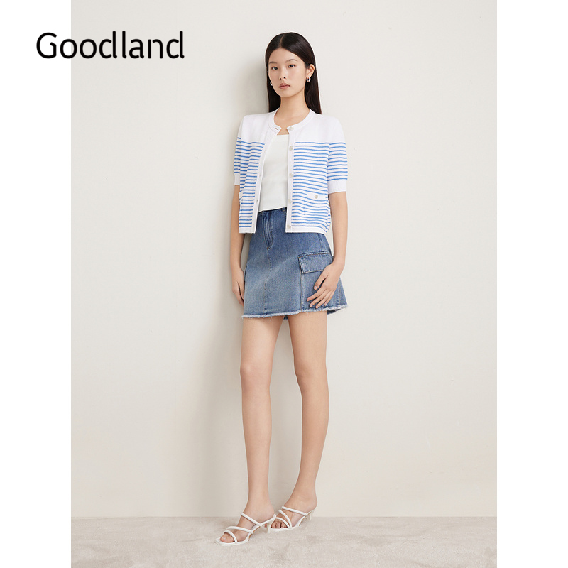 Goodland美地夏季小香风蓝白条纹短袖毛针织开衫