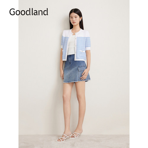 Goodland美地夏季小香风蓝白条纹短袖毛针织开衫