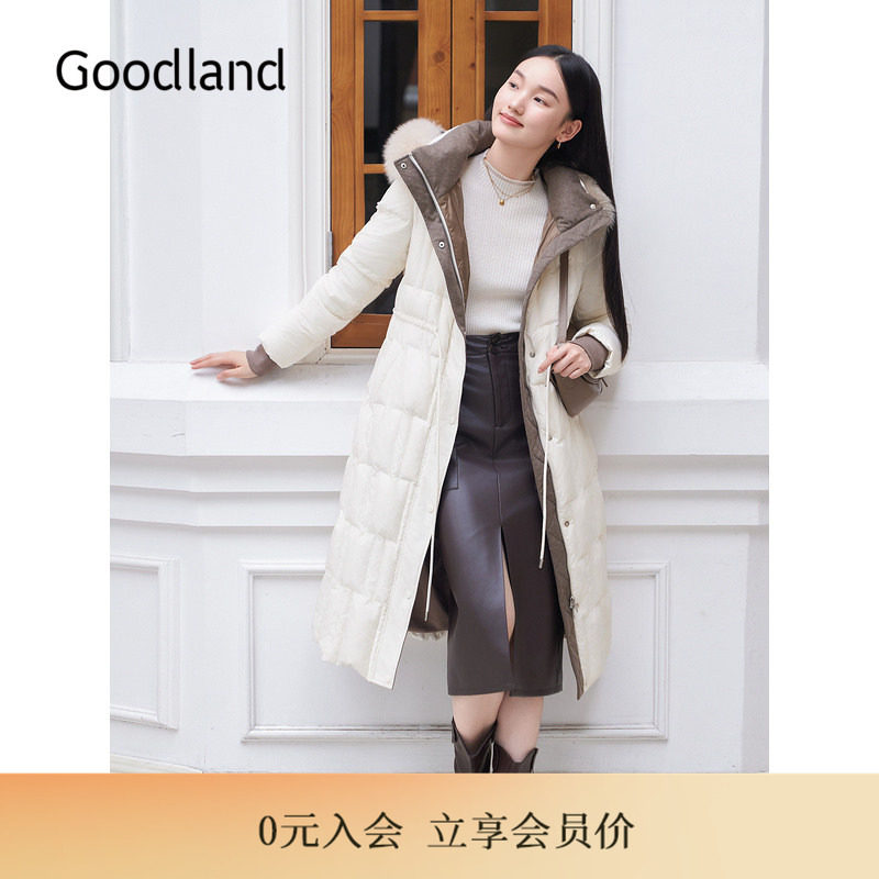 Goodland美地女装冬季时尚狐狸毛领中长款高克重白鸭绒羽绒服