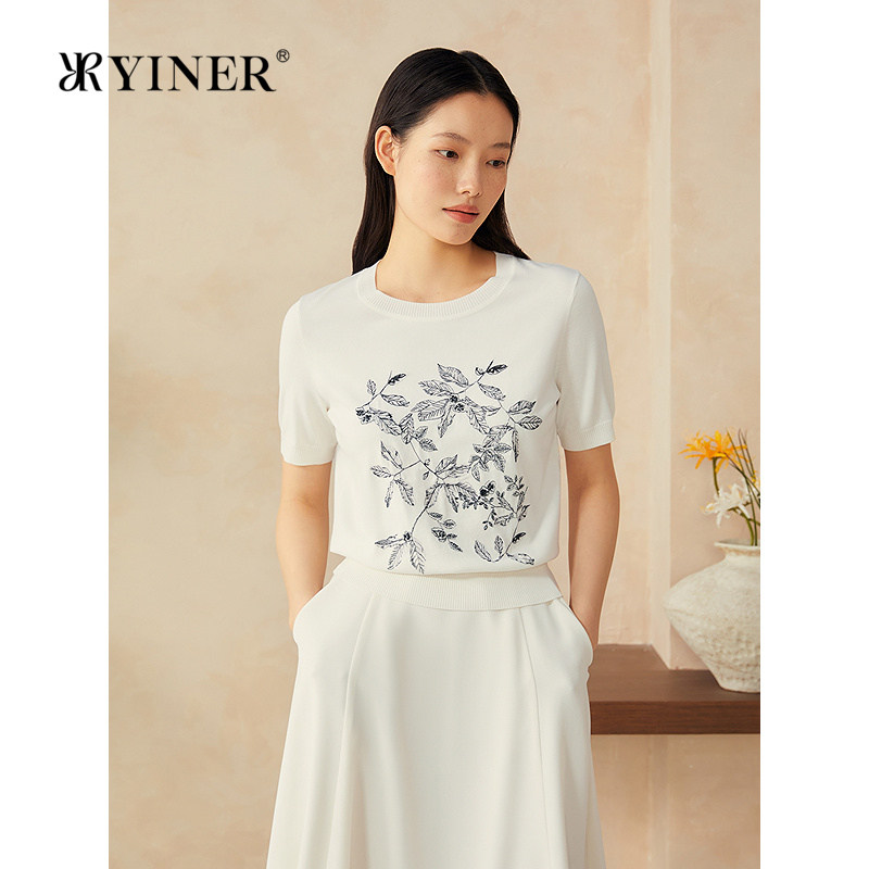 【周末花园】YINER音儿专选夏季新款天丝短袖T恤绣花毛针织衫图片