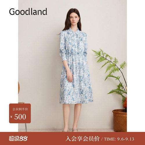 Goodland美地秋季法式诗意荷叶花边碎花印花连衣裙长袖