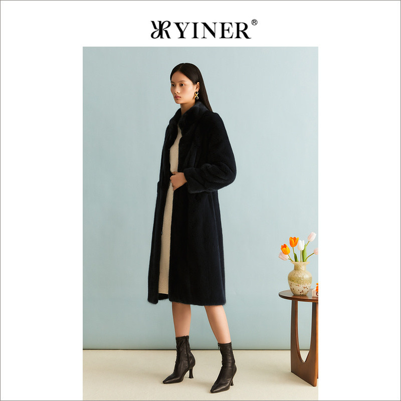 YINER音儿女装冬季法式优雅绒暖水貂毛皮真皮皮草长款外套