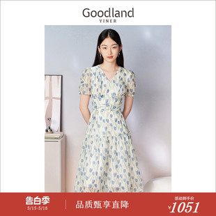 连衣裙配腰带 V领印花收腰泡泡袖 夏季 Goodland美地女装