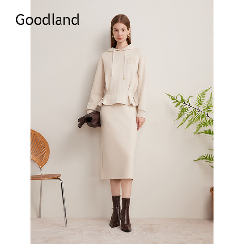 Goodland美地秋季珠地长绒棉法式绣花套头收腰连帽卫衣长袖
