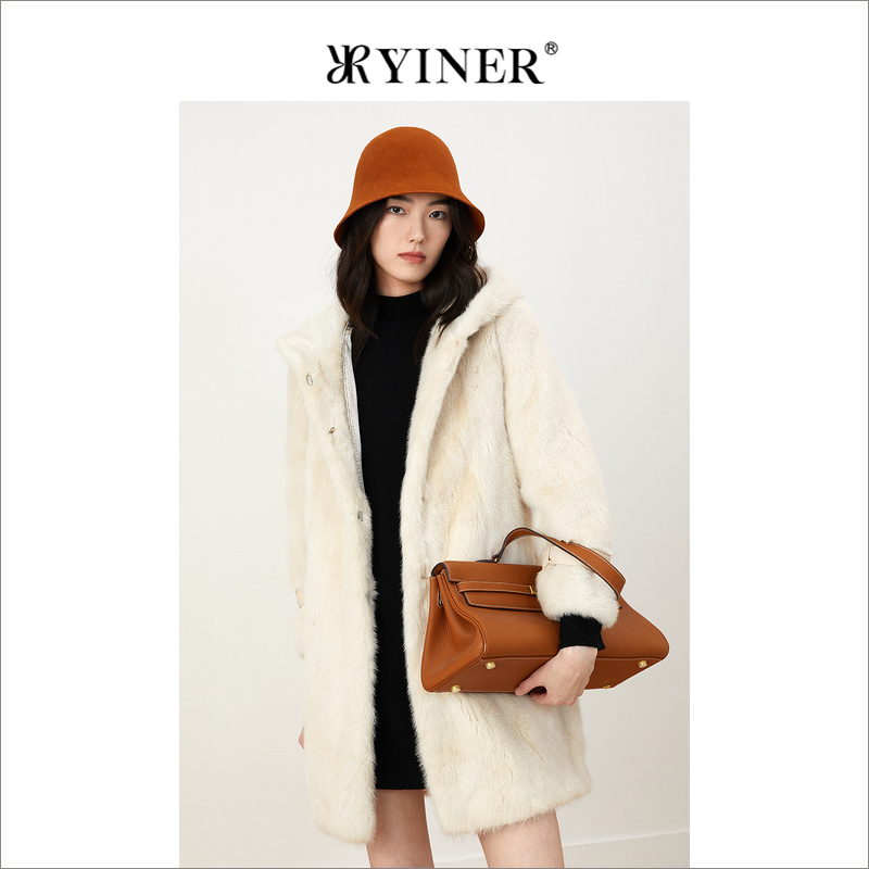 YINER音儿专选女装冬季中长款水貂毛连帽皮草