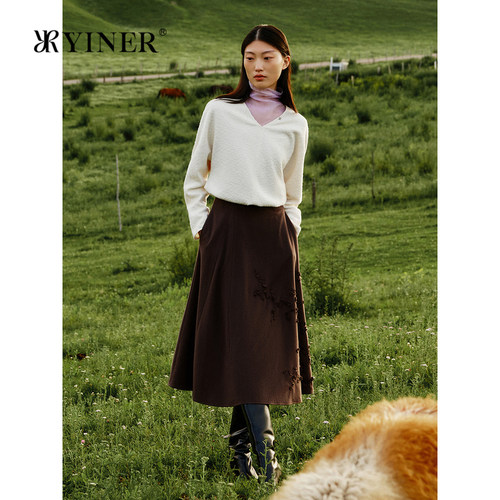 【木兰花系列】YINER音儿女装冬季时尚羊毛羊绒美拉德高腰半身裙