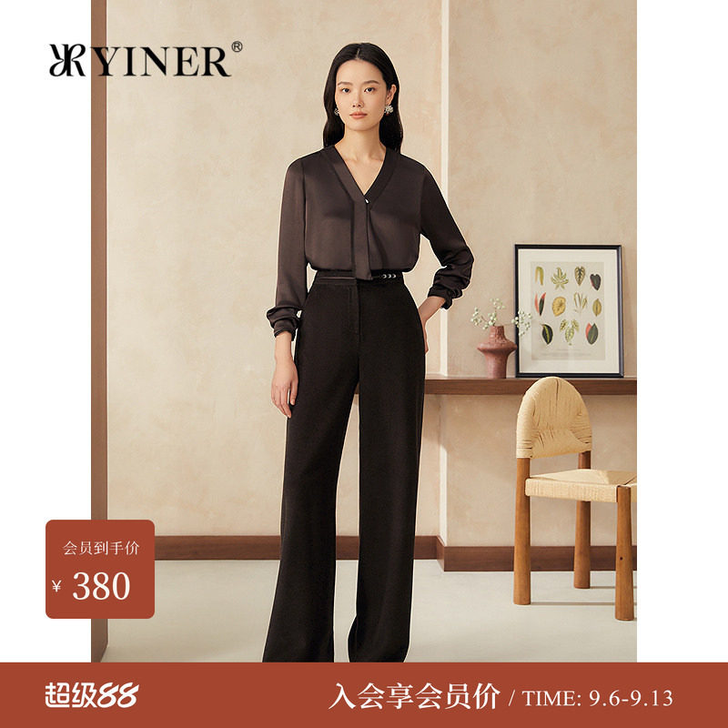 YINER音儿醋酸缎面V领飘带衬衫图片
