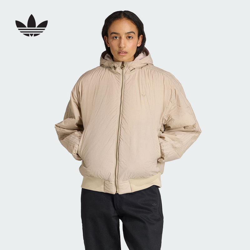 adidas阿迪达斯三叶草双面穿飞行员连帽夹克2025冬女短棉服KC8421