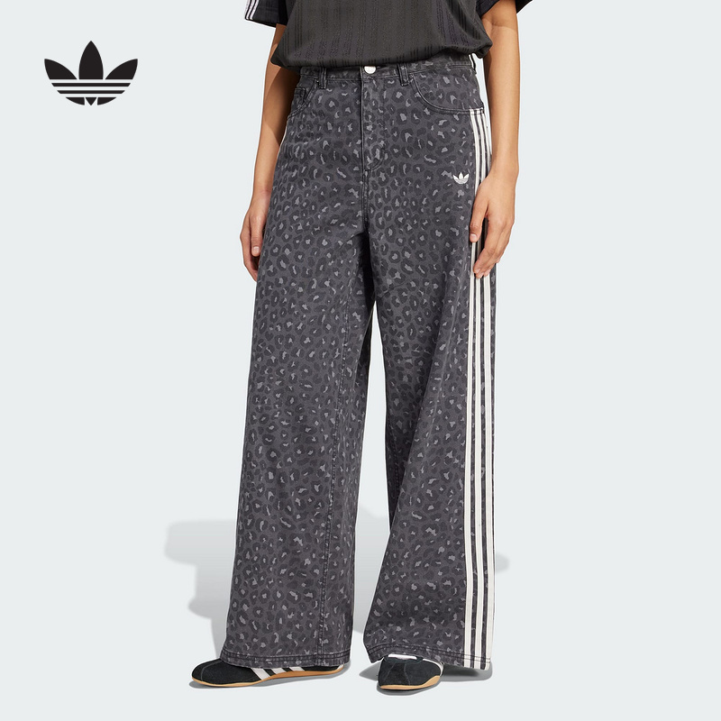 adidas阿迪达斯三叶草豹纹休闲裤2025冬女三条纹牛仔长裤 KA2679