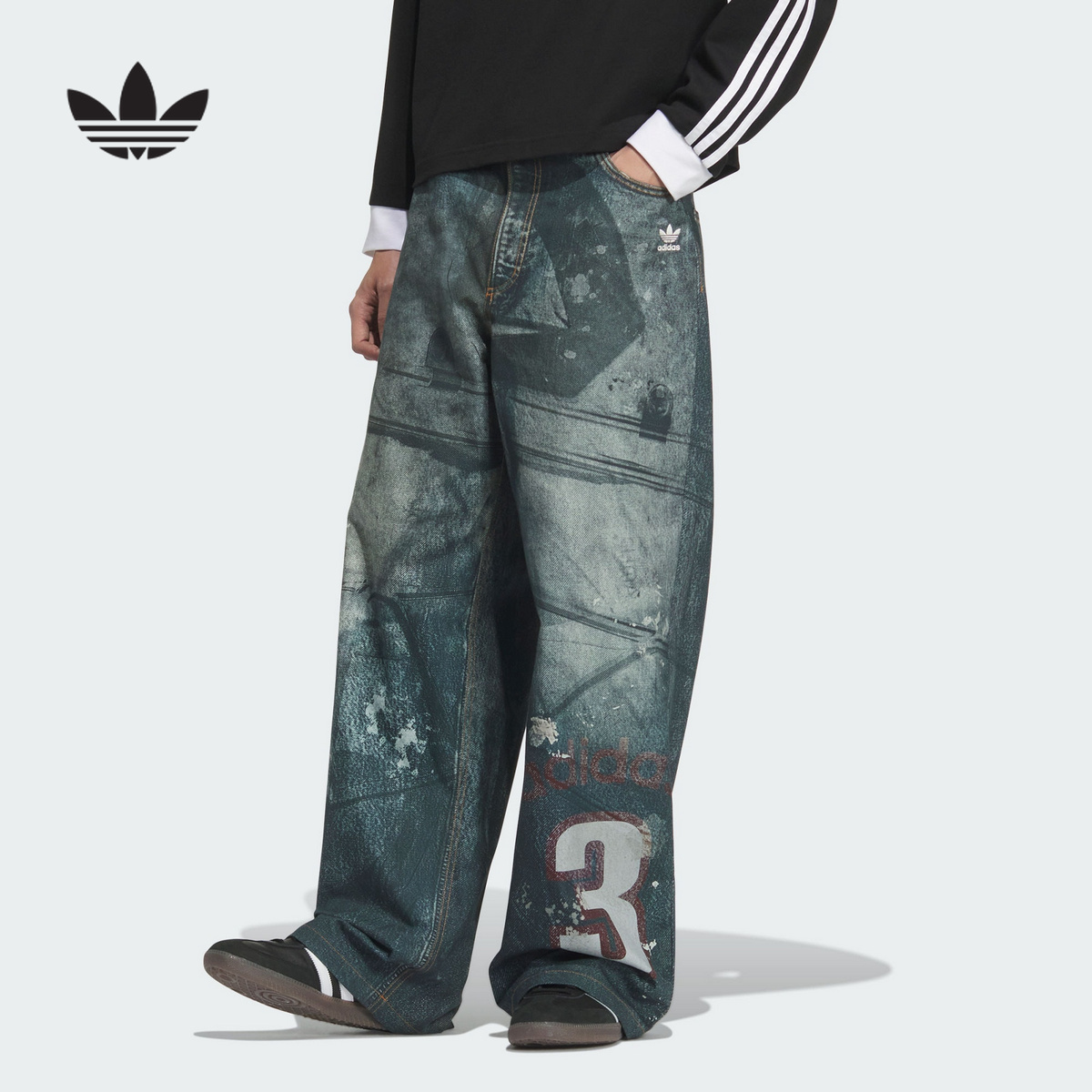 adidas阿迪达斯三叶草王安宇同款牛仔长裤2025冬男运动裤 KC2691
