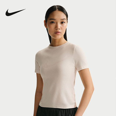 NIKE耐克女T恤粉色夏季新款修身短款透气大勾短袖上衣IO1517-103