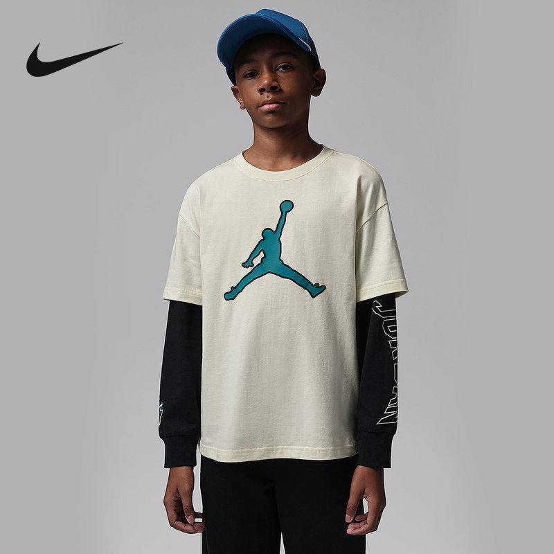JORDAN耐克男大童棉质长袖T恤假两件复古针织运动上衣IU5372-133,运动服/休闲服装,运动T恤,淘宝优惠券,粉丝福利购,淘宝优惠卷