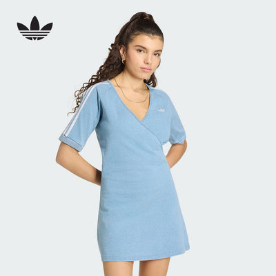 adidas阿迪达斯三叶草V领长裙2026夏女ADILENIUM牛仔连衣裙KZ5056