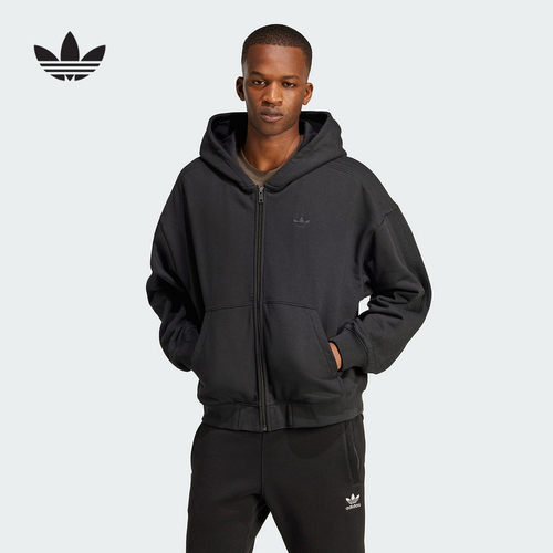 adidas阿迪达斯三叶草抓绒运动夹克2025春男黑色连帽外套JC9579