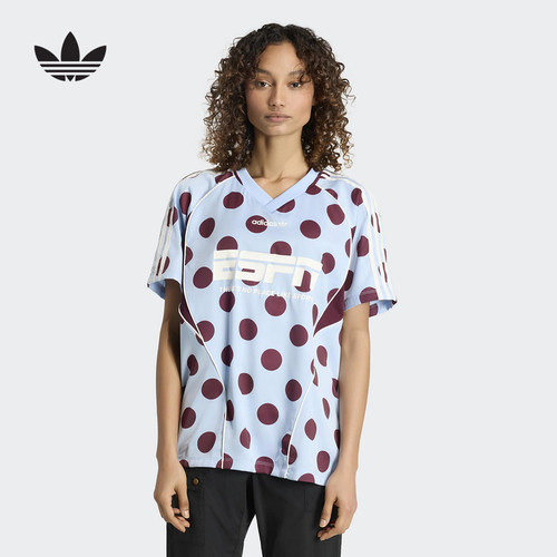 adidas阿迪达斯三叶草街头风V领球衣夏女oversized短袖T恤 KV1188